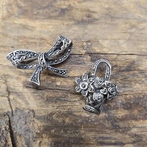 STERLING SILVER MARCASITES Bow And Basket With Flowers Set Of 2 Brooch/Pin